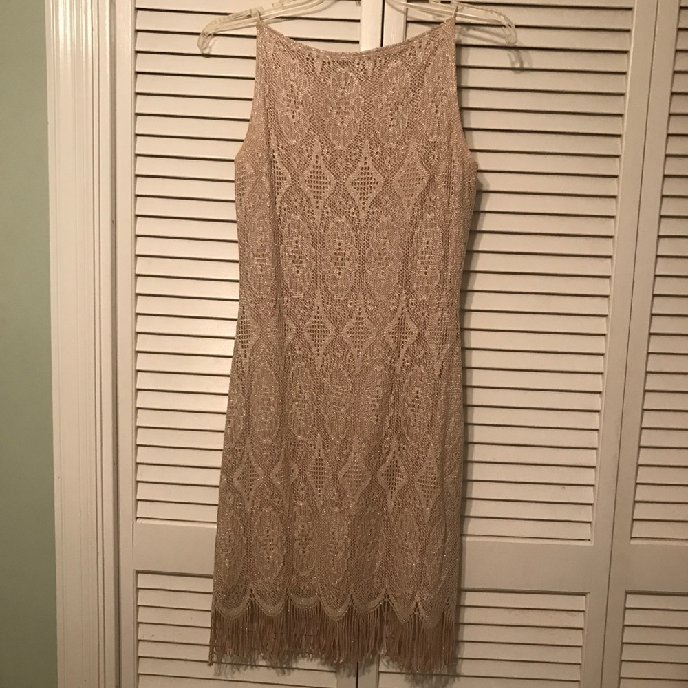 Sleeveless Gold Lace Dress with Fringe